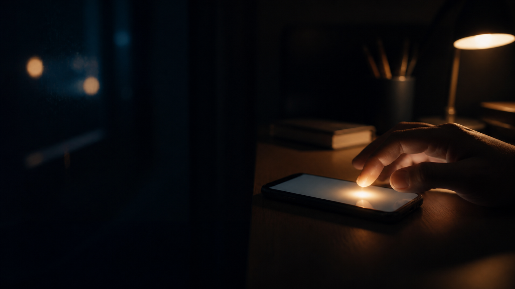 A hand hovering above a glowing phone in a quiet late-night room