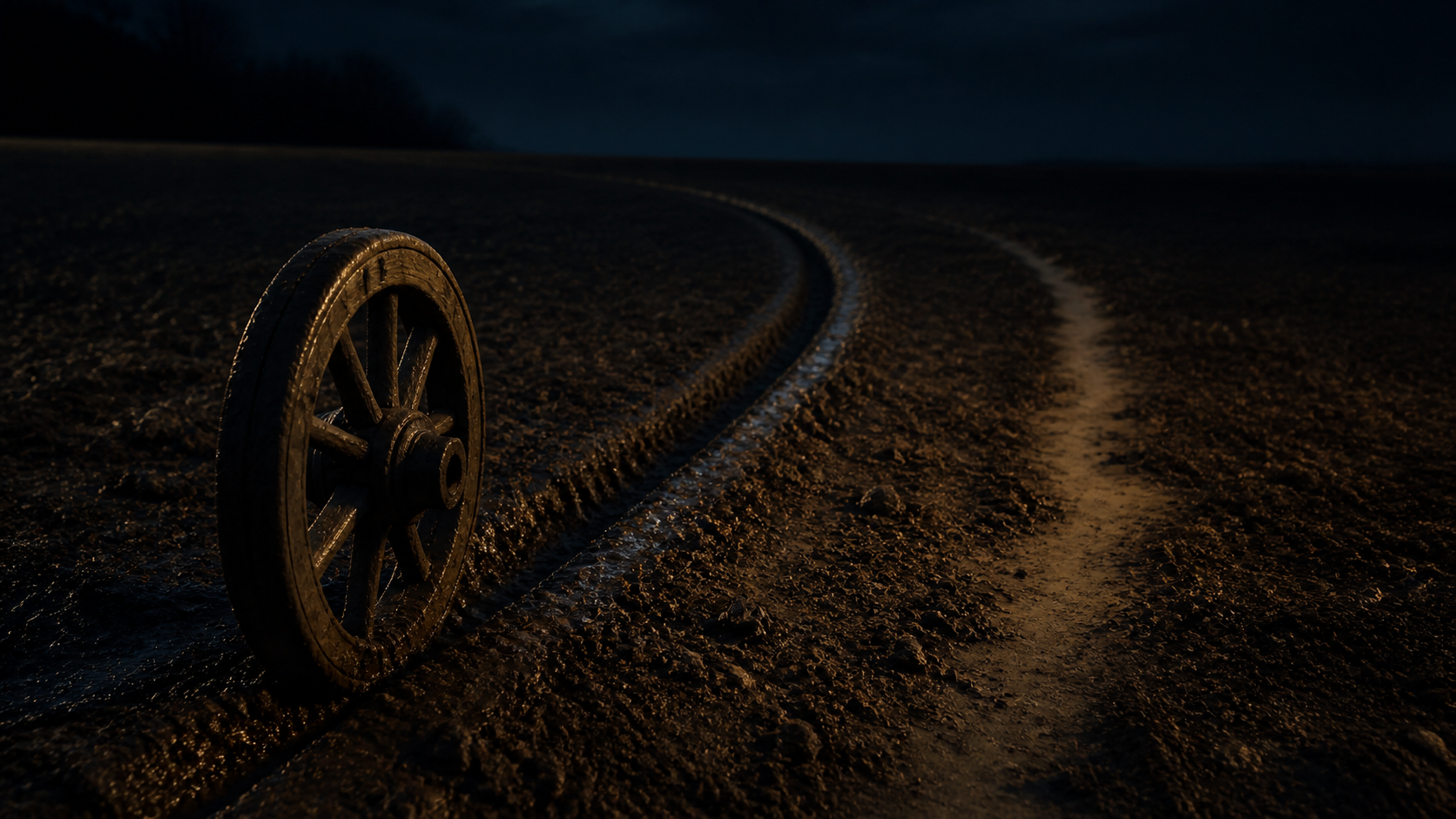 A wheel standing in wet earth beside a deep repeated groove and a lighter branching path